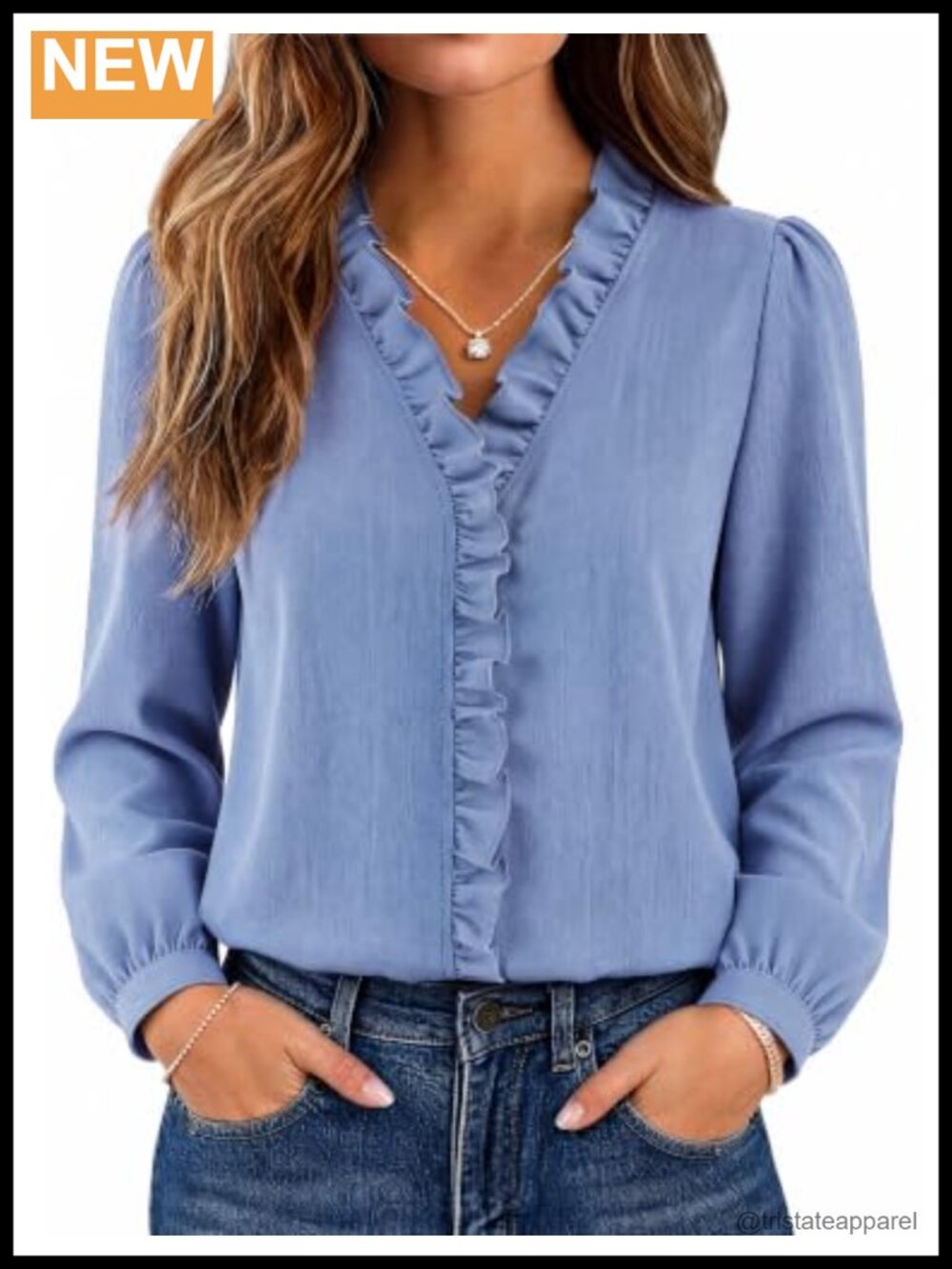 Women's Denim Shirt V Neck Ruffle Blouse Long Sleeve Button Up Dressy Casual